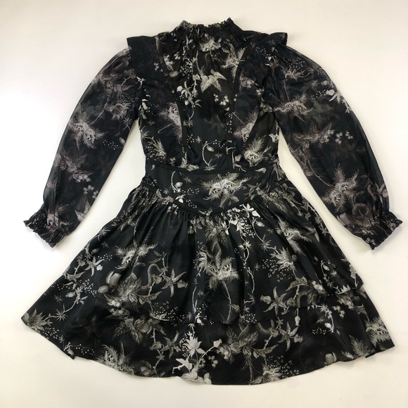 AllSaints Aislyn Evolution monochrome print ruffles moth skeleton mini dress 0 - Picture 6 of 12